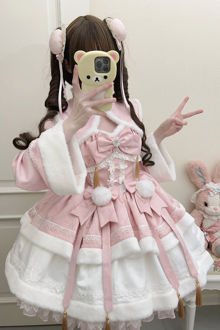 Pink Snow Rabbit Long Sleeves Ruffle Bowknot Fake Two Pieces Sweet Lolita Dress