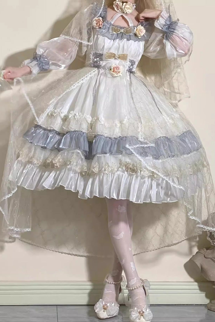 Grey/Blue Spring of Boliya Long Sleeves Multi-Layered Ruffle Bowknot Lace Lace-Up Sweet Princess Lolita Dress
