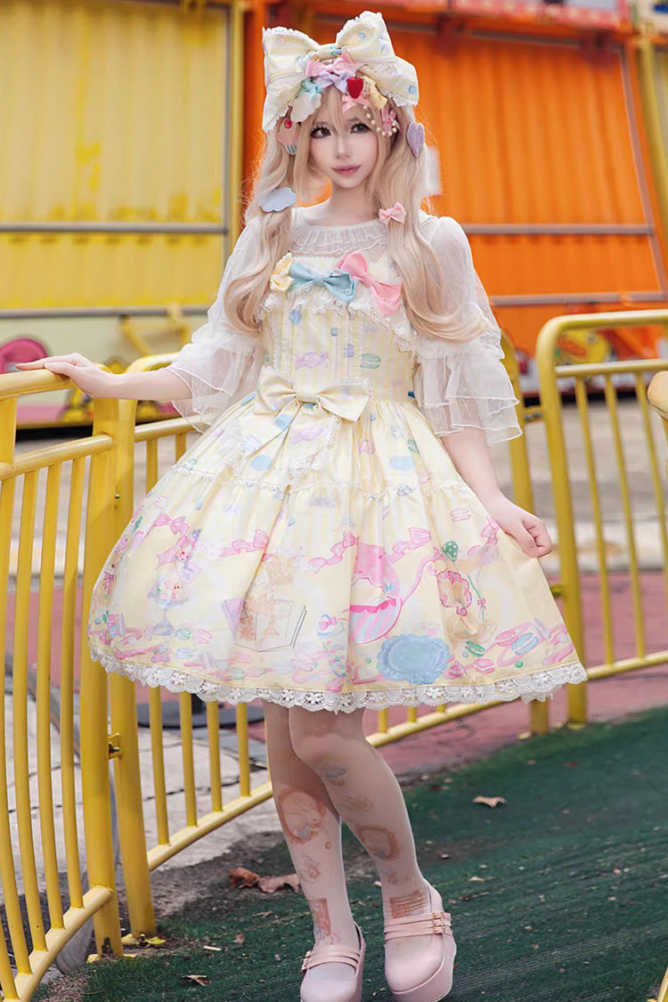 Yellow Macaron Dolly House Sleeveless Print Bowknot Sweet Lolita Jsk Dress