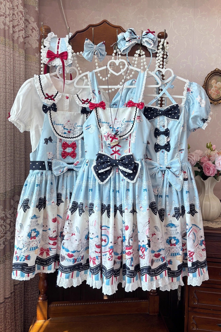 Blue Mystery Rabbit Tea Party Sleeveless Print Ruffle Bowknot Lace Sweet Lolita Jsk Dress