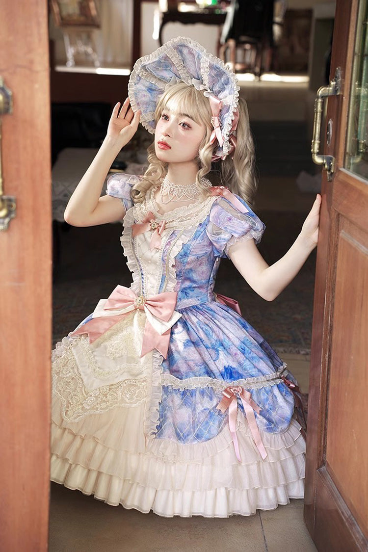 Angel Heart Sky Oil Painting Print Ruffle Cardigan Bowknot Sweet Princess Lolita Dress 3 Colors