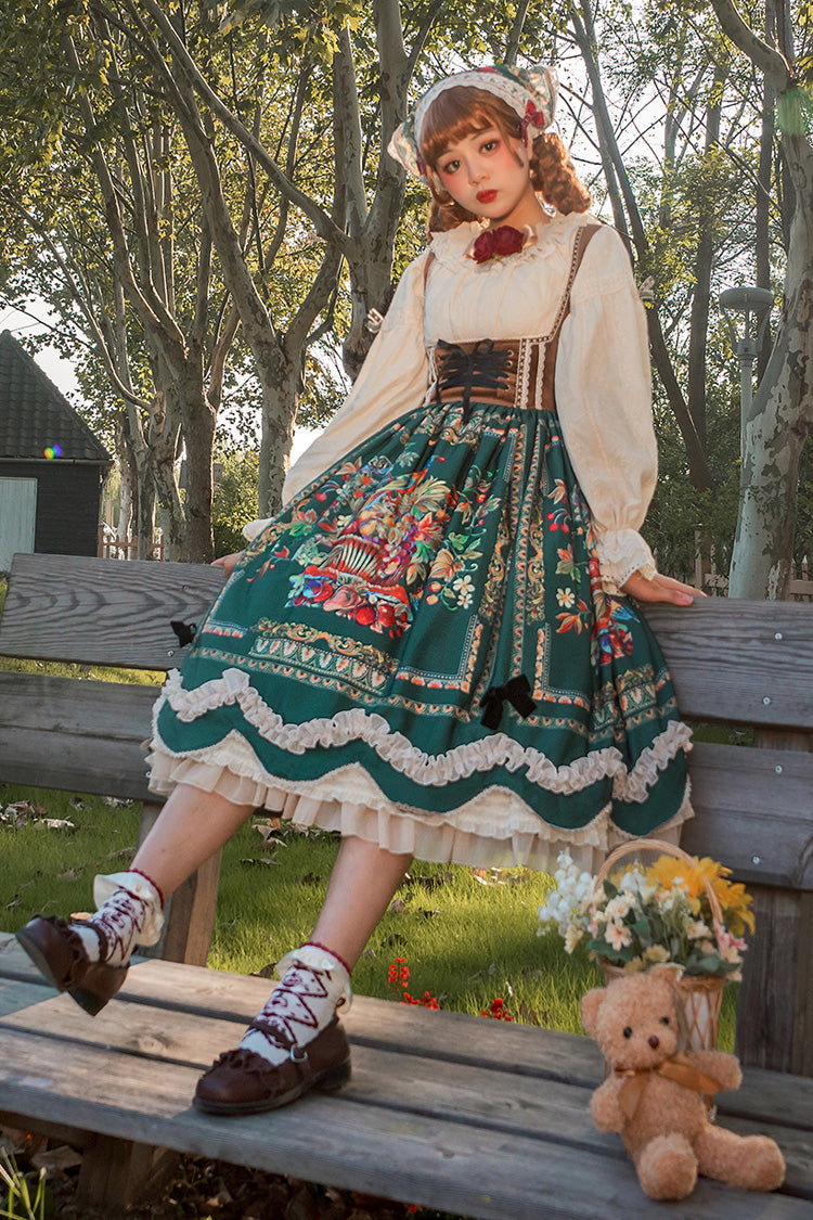 Green Ode to Plenty Berries and Birds Print Ruffle Bowknot Velvet Classic Lolita Breast Support Jsk Dress