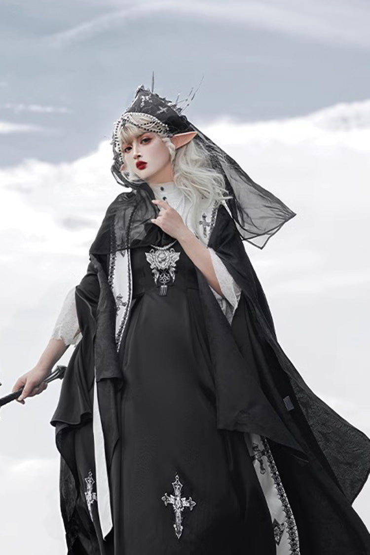 Black Cross Nun Stand Collar Off Shoulder Print Bowknot Gothic Elegant Lolita Dress