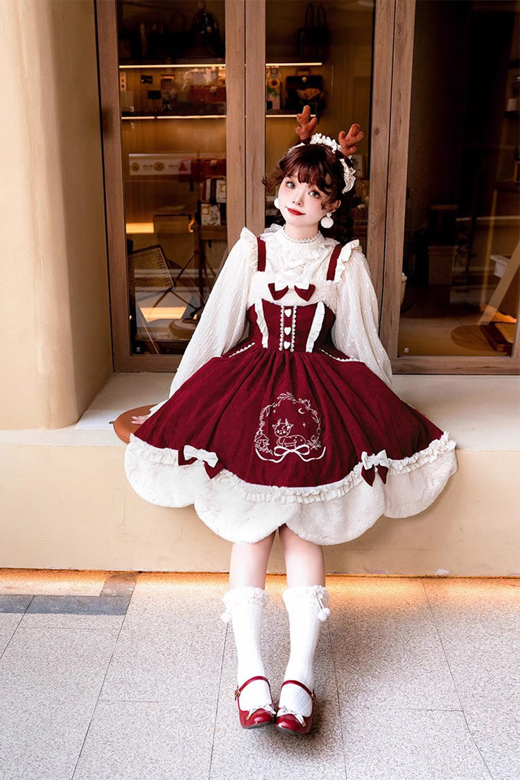 Deer Print Embroidery Bowknot Princess Autumn Winter Sweet Lolita JSK Dress 2 Colors