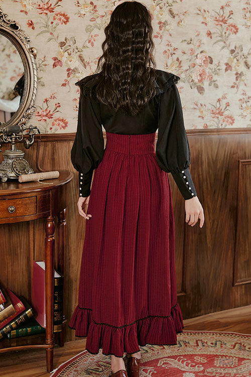 Wine Vintage Palace Style Ruffled Stripe Print High Waisted Classic Lolita Dress Skirt