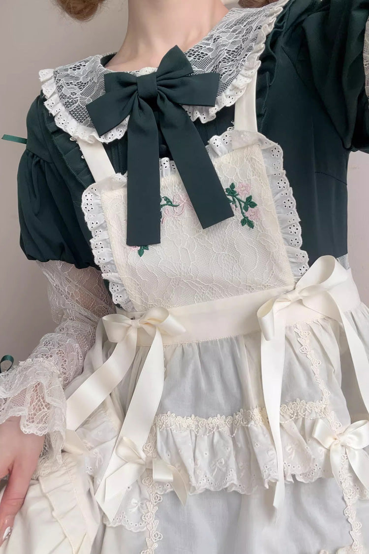 Green Mist over Flowers Along the Path Lapel Collar Long Sleeves Embroidery Bowknot Lace Sweet Lolita Dress