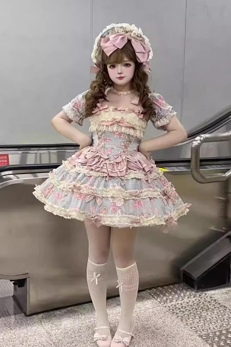 Blue/Pink Gem Rose Multi-Layered Ruffle Bowknot Lace Sweet Princess Lolita Skirt 2 Versions