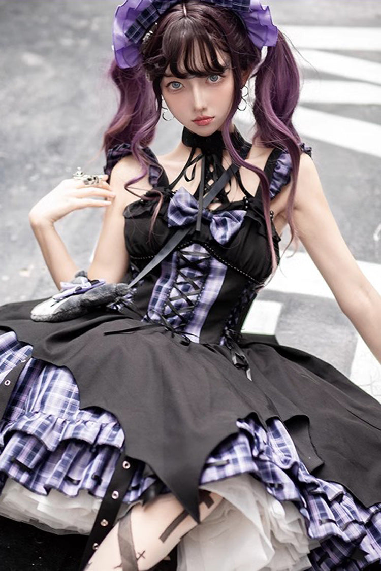 Rock Radio Wave Irregular Subculture Grid Print Bowknot Stitching Gothic Lolita Dress 3 Colors