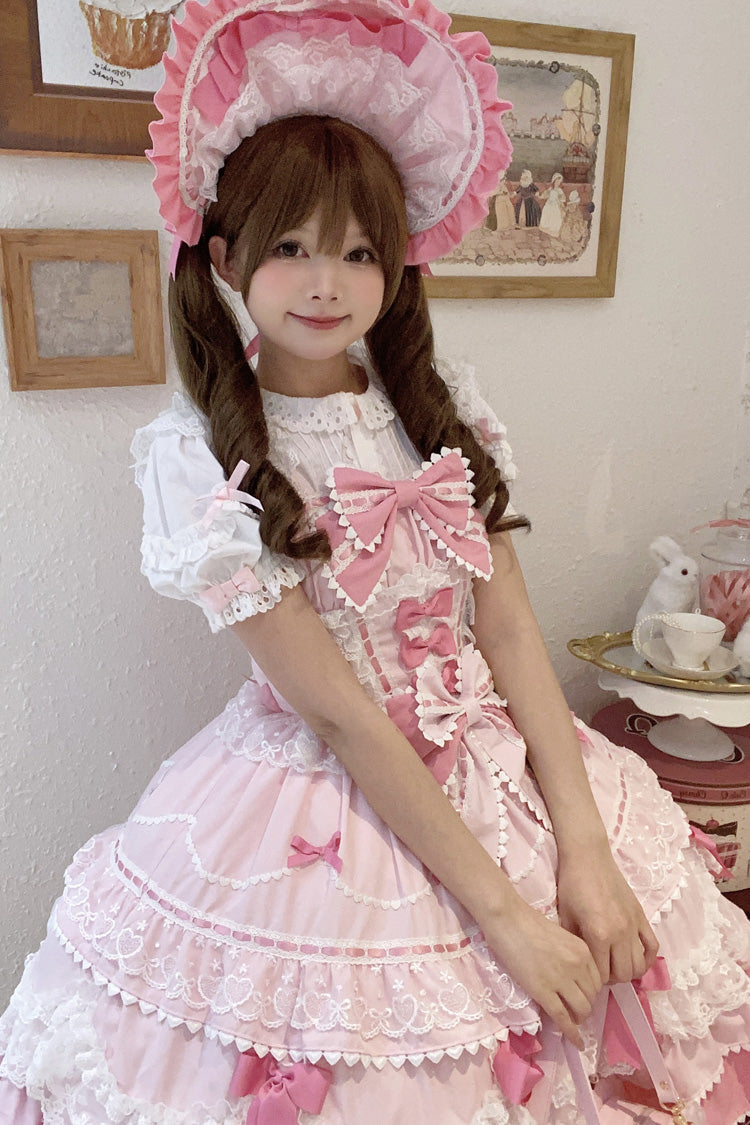 Pink Fondant Cake Sleeveless Multi-Layered Ruffle Bowknot Lace Sweet Lolita Jsk Dress