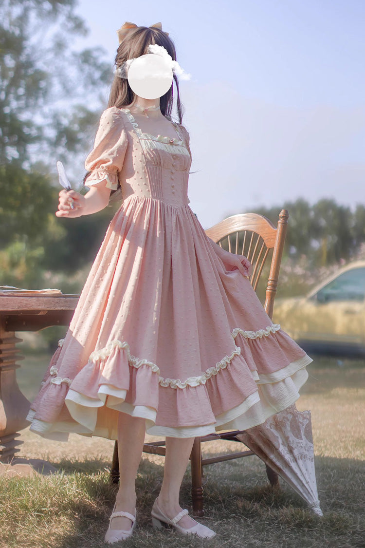 Pink Square Collar Short Puff Sleeves Ruffle Embroidery Sweet Elegant Lolita Dress