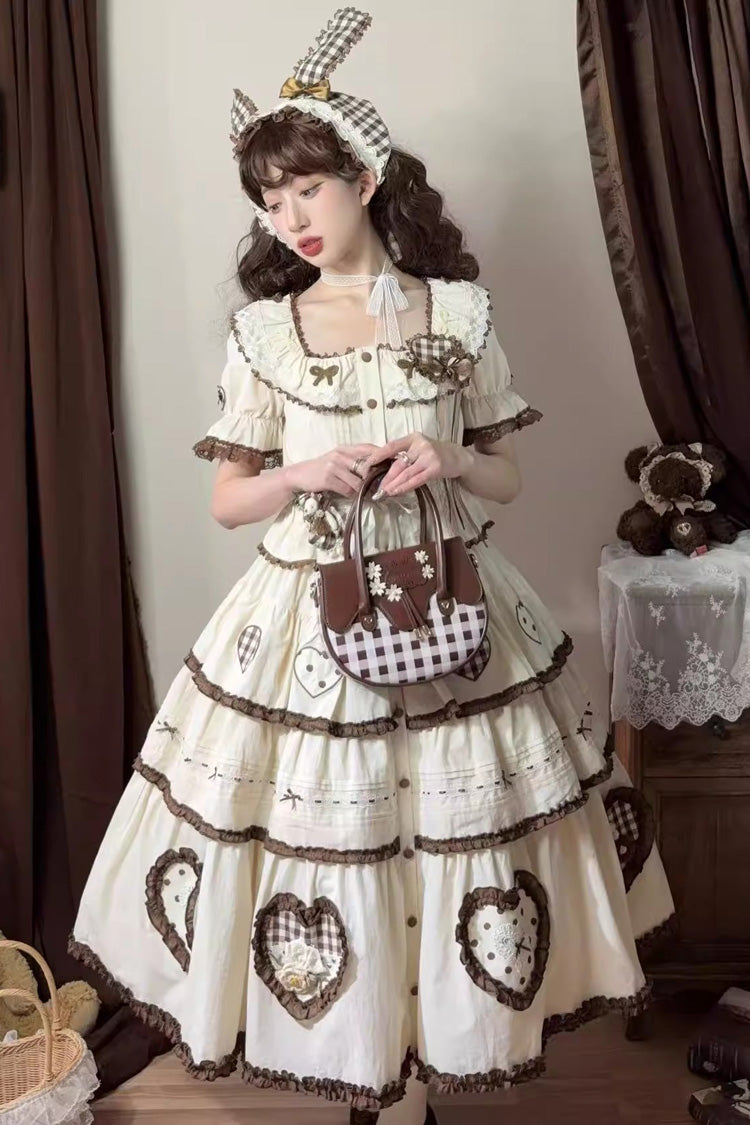 Ivory Lovely Heart Triple-Layered Ruffle Embroidery Bowknot Sweet Elegant Lolita Skirt