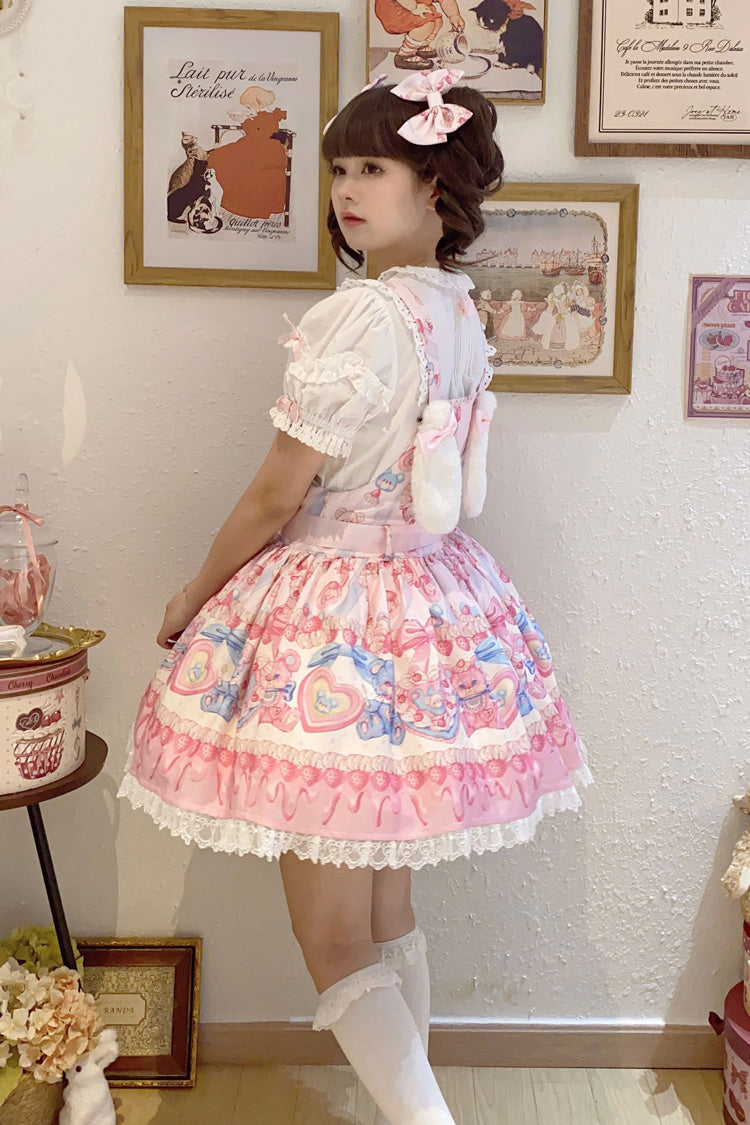 Milky Berry Bear Print Pink Bowknot Stitching Lace Sweet Lolita Strap Dress