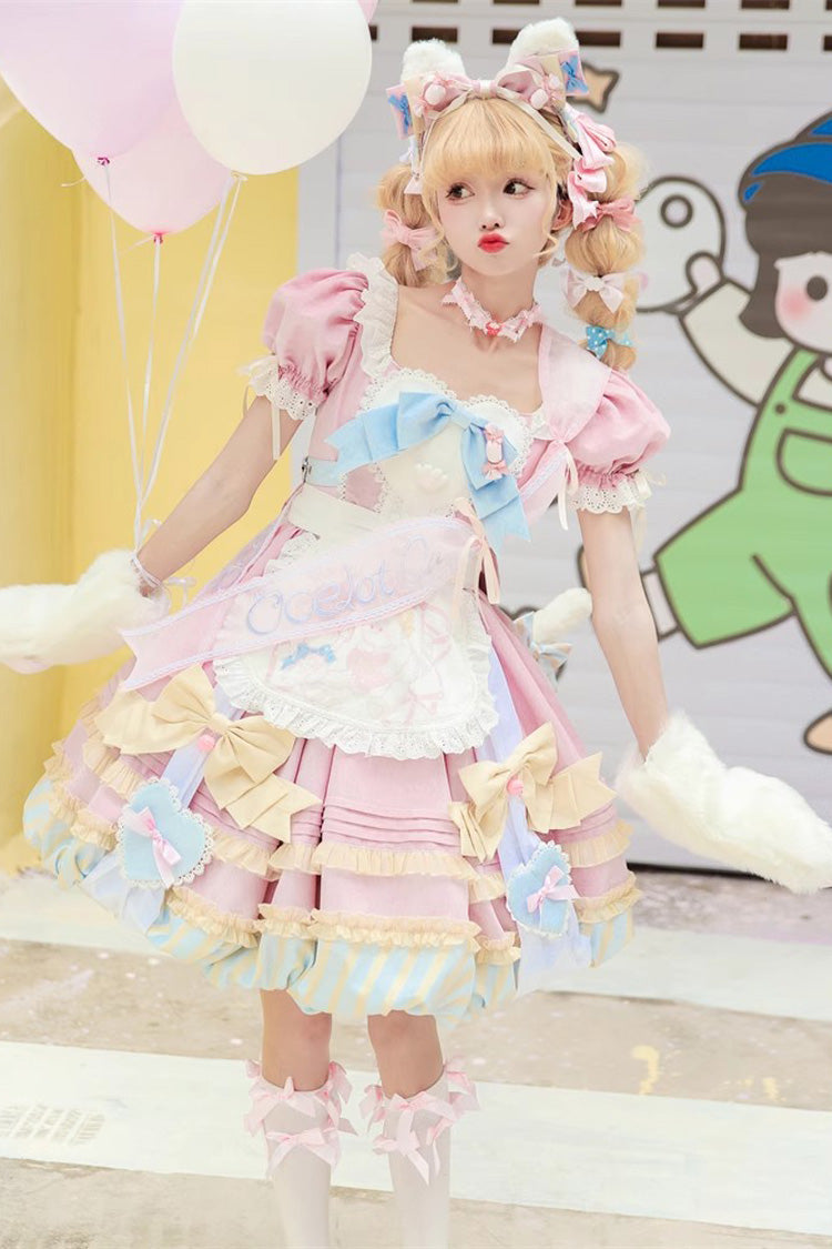Pink Short Sleeves Multi-Layered Ruffle Bowknot Sweet Princess Lolita Dress Full Set