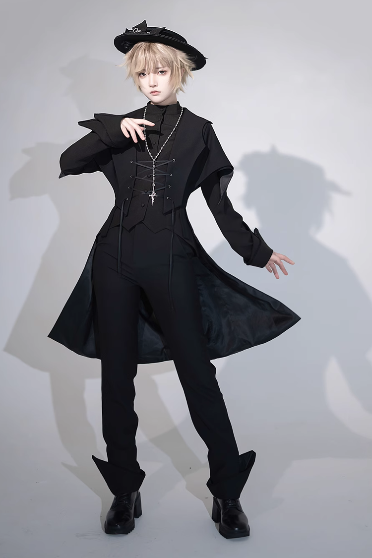 Black Vintage Medieval Prince Ouji Lolita Swallowtail Long Waistcoat Coat