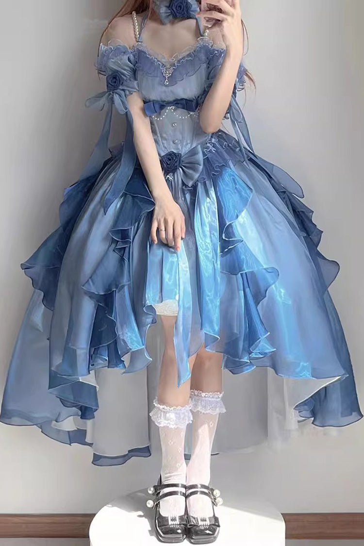 Blue Short Sleeves Hanayome Bowknot Sweet Elegant Princess Lolita Dress