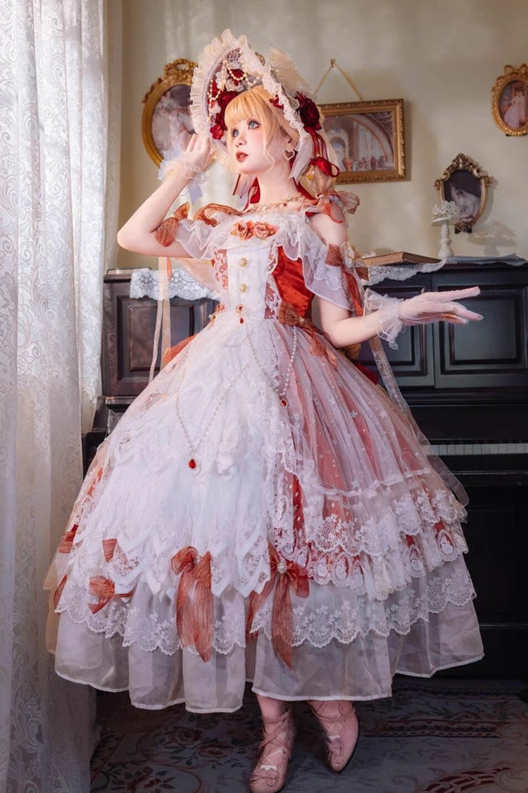 Red Glazed Phantom Off Shoulder Ruffle Hanayome Bowknot Lace Sweet Elegant Lolita Dress