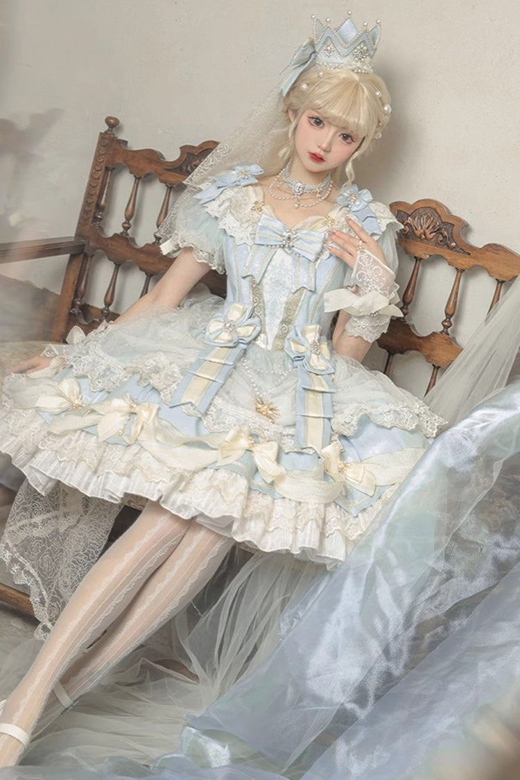 Light Blue Girls' Day Short Sleeves Multi-Layered Ruffle Bowknot Lace Sweet Lolita Dress 2 Versions