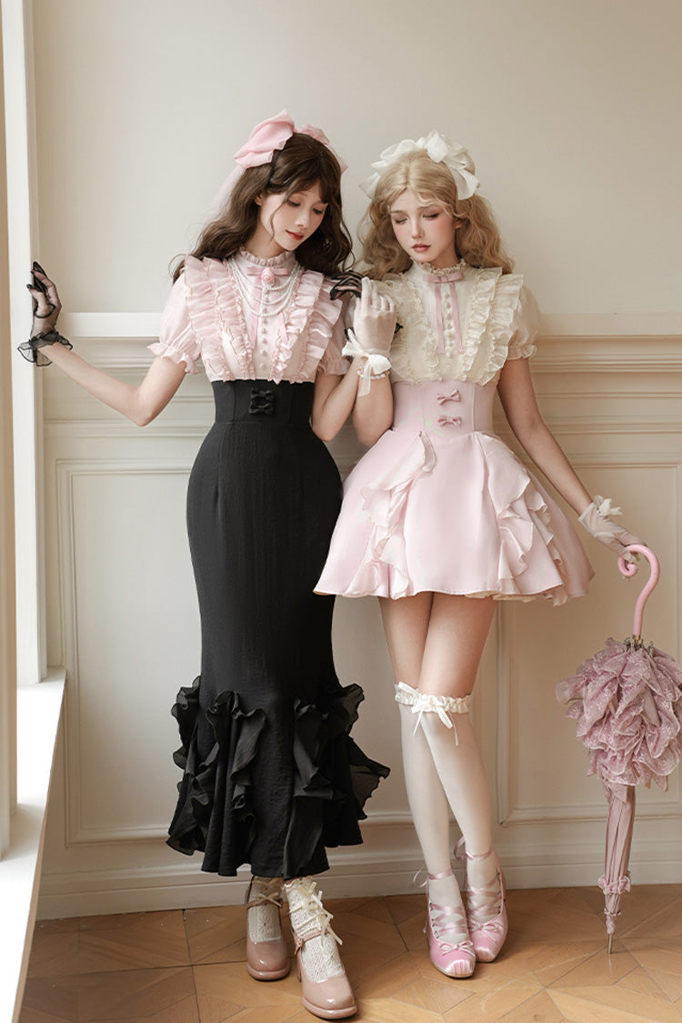 Pink/Apricot Miss Lola Stand Collar Short Sleeves Ruffle Bowknot Sweet Lolita Dress