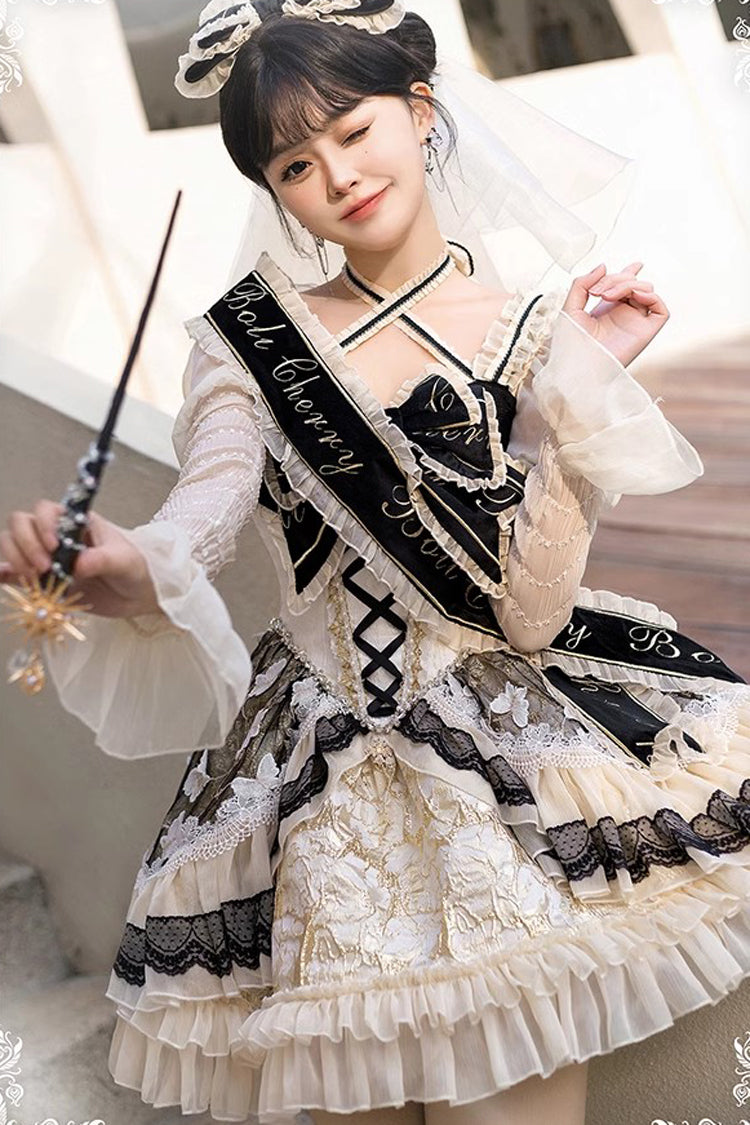 Black/Gold Lilibet Print Ruffle Cardigan Bowknot Lace Fishbone Sweet Lolita Dress