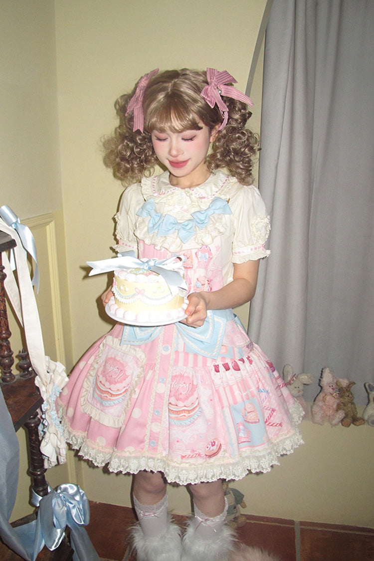 Pink Cake Chocolate Dessert Print Ruffle Bowknot Sweet Lolita Strap Dress