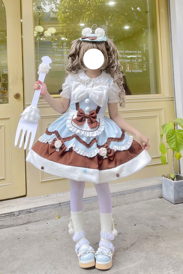 Blue/Brown Cream Snow Cat Winter Ruffle Bowknot Sweet Lolita Jsk Dress