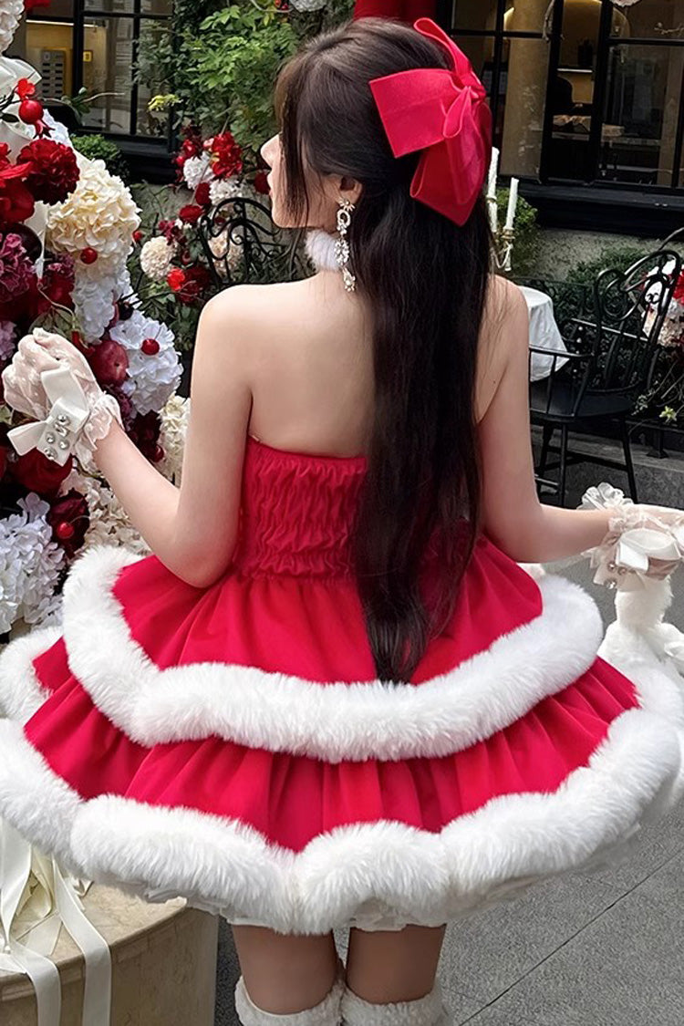 Red Holiday Double-Layered Bowknot Sweet Princess Lolita Strapless Dress