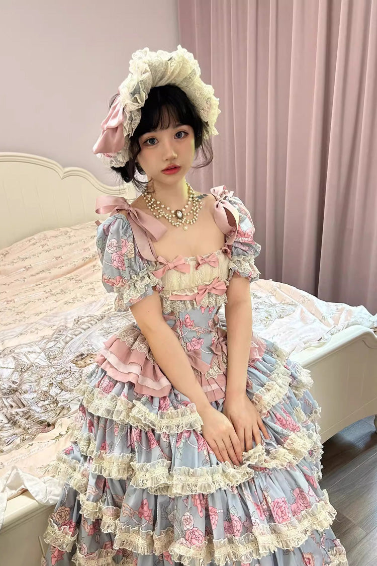 Blue/Pink Gem Rose Multi-Layered Ruffle Bowknot Lace Sweet Princess Lolita Skirt 2 Versions