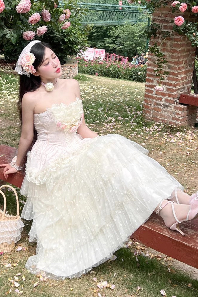 Pink Flower Goddess of Love Ruffle Bowknot Lace Sweet Elegant Lolita Maxi Skirt Dress Set