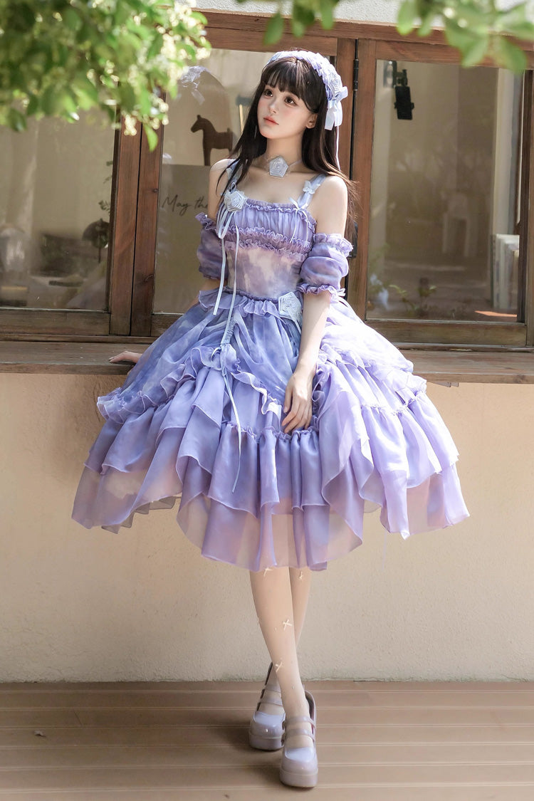 Goodnight Camellia Sleeveless Ombre Multi-Layered Printed Ruffled Lace Fishbone Sweet Lolita Jsk Dress 3 Colors
