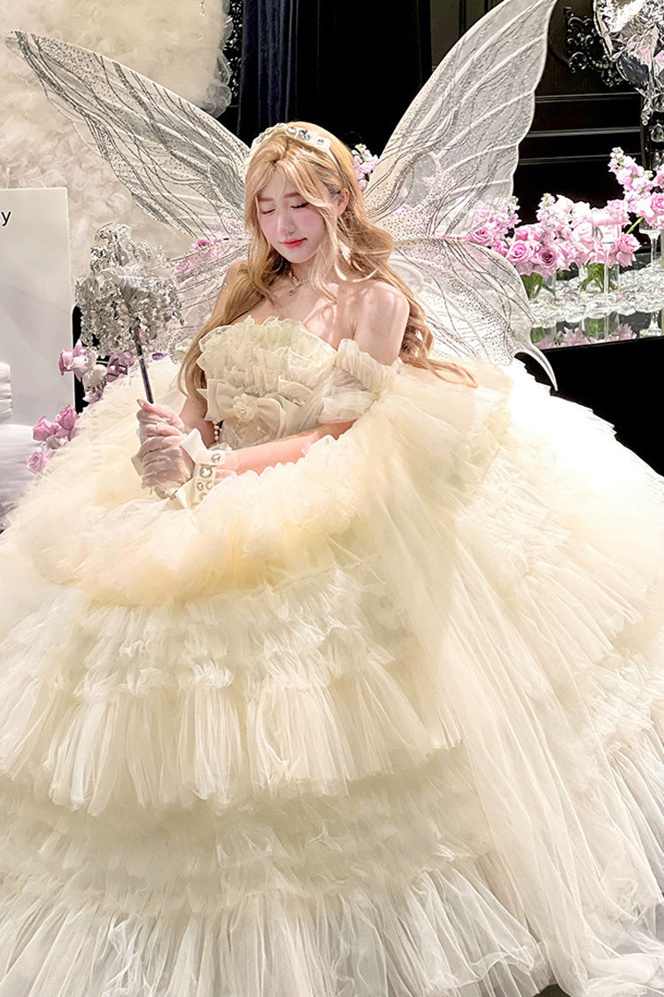 White Maiden's Love Off Shoulder Triple-Layered Ruffled Hanayome Bow Lace Sweet Princess Lolita Dress