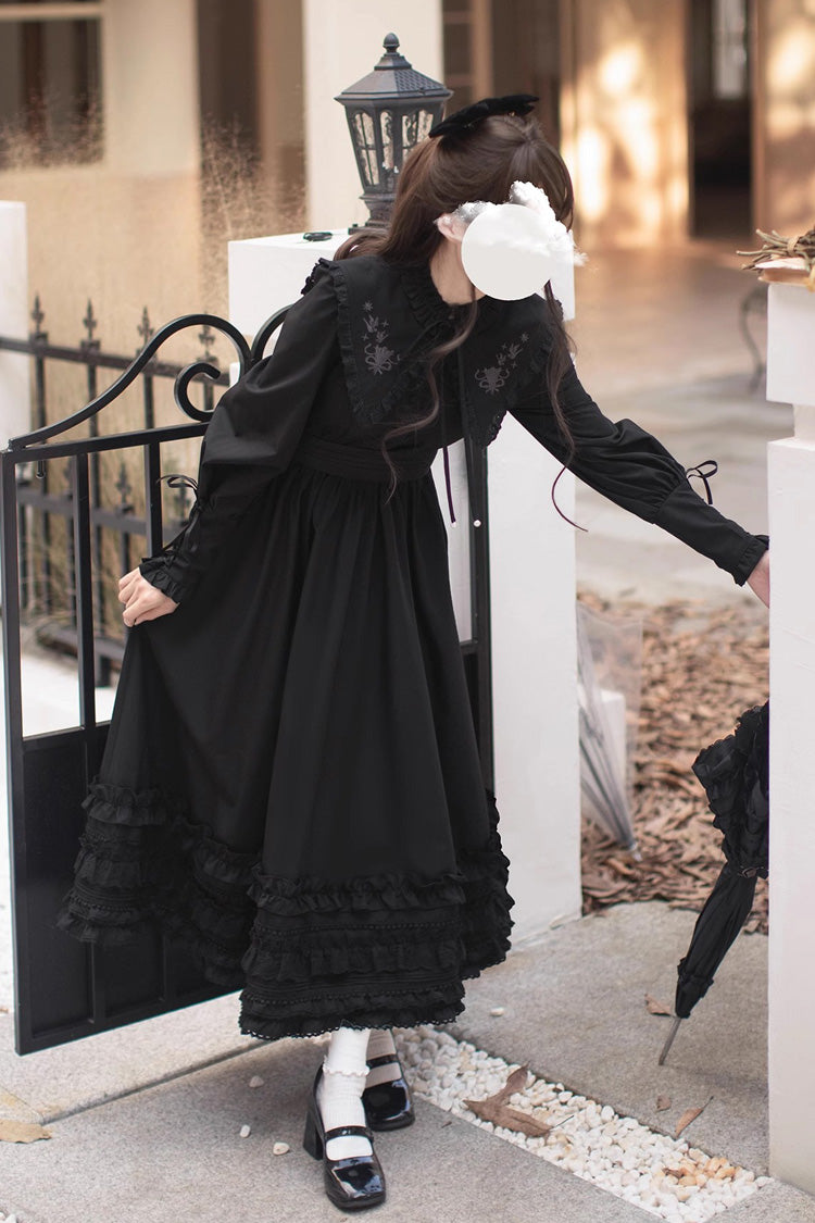 Black Wind Kissed Tulips Long Sleeves Ruffle Embroidery Bowknot Gothic Vintage Elegant Lolita Dress