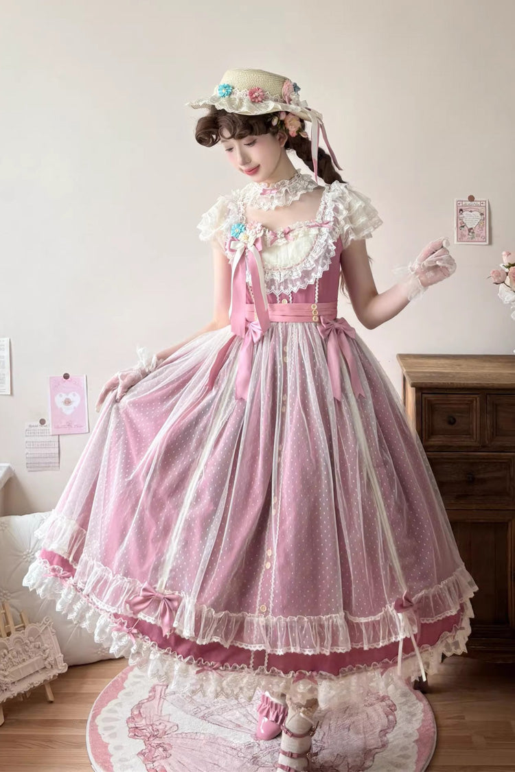 Rose Red Sakura's Spring Resonance Sleeveless Ruffled Bow Sweet Lolita Jsk Dress (Long Version)