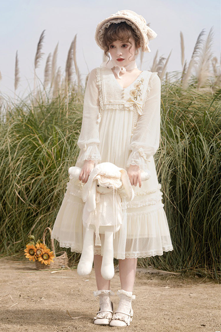Ivory Sunflower Diary Long Sleeves Ruffle Embroidery Bowknot Lace Chiffon Sweet Princess Lolita Dress