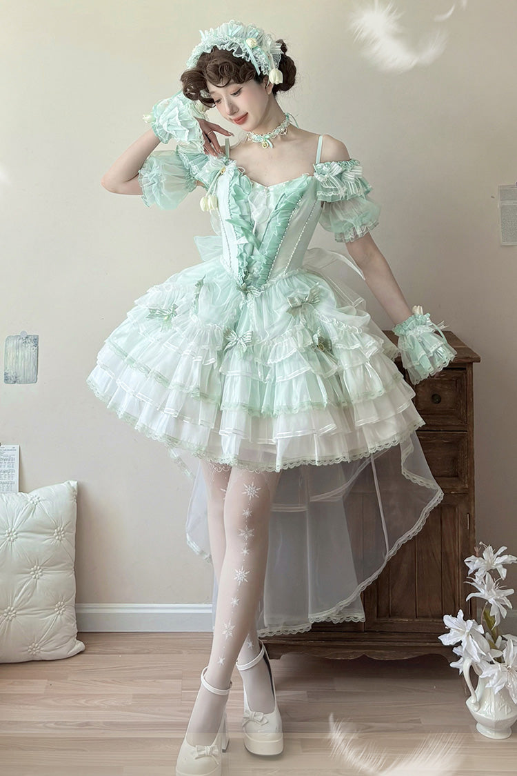 Green Tulip and Wind Chime Multi-Layered Ruffle Bowknot Lace Sweet Gorgeous Lolita Jsk Dress