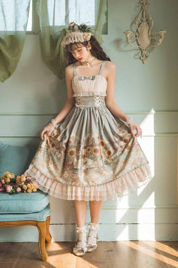 Multi-Color Sleeveless Sunflower Print Elegant and Sweet Lolita Jsk Dress