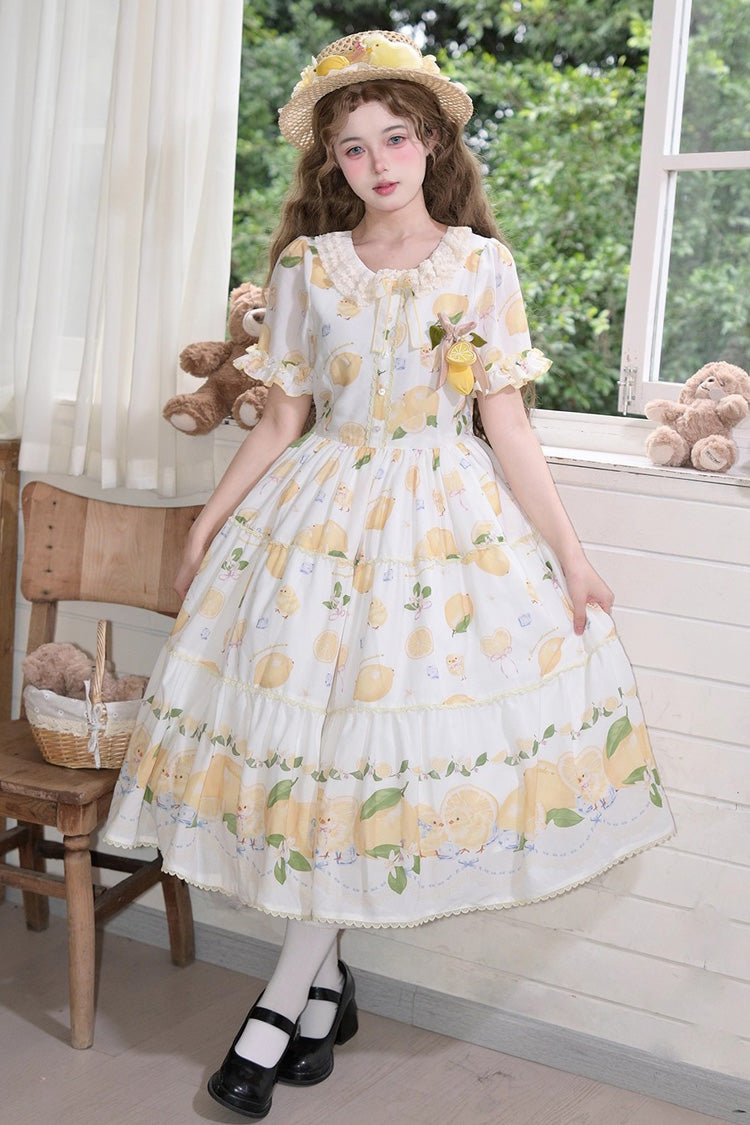 White Lemon Chicken Short Sleeves Print Ruffle Bowknot Lace Daily Sweet Lolita Dress