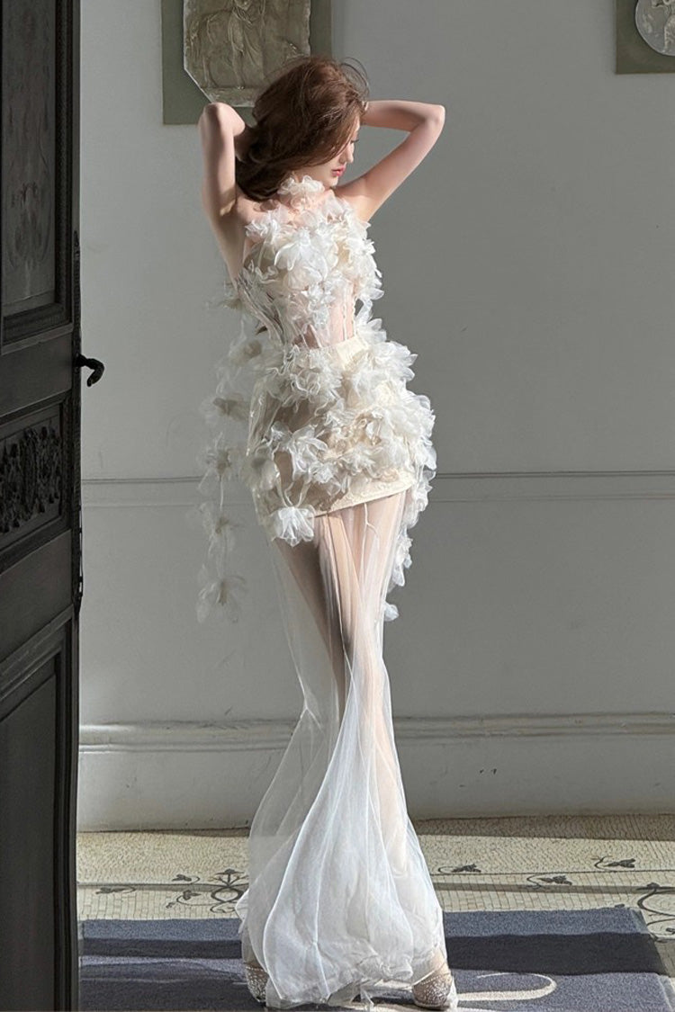 White Blooming Fairy Flower Sleeveless Bowknot Lace Slim Sweet Lolita Jsk Dress