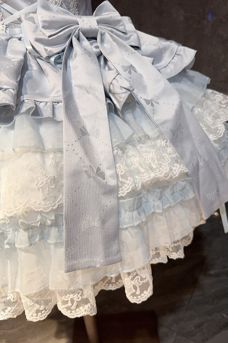 Blue Misty Mountain Veil Sleeveless Multi-Layered Ruffled Bow Lace Sweet Princess Ballet Lolita Jsk Dress
