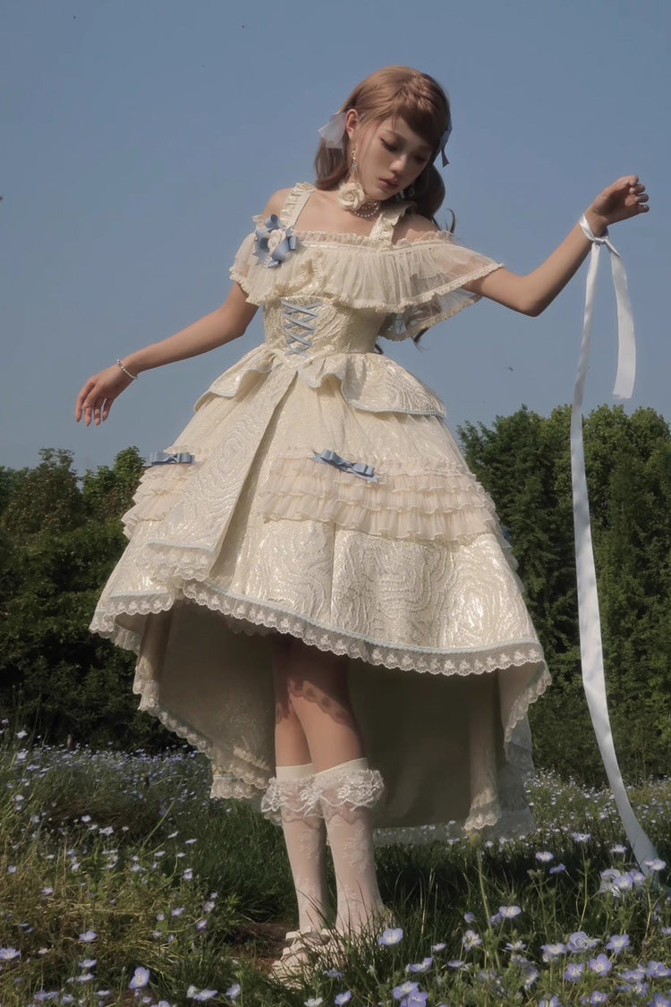 Ivory/Blue Tycoon's Daughter Ruffle Bowknot Sweet Elegant Princess Lolita Jsk Dress