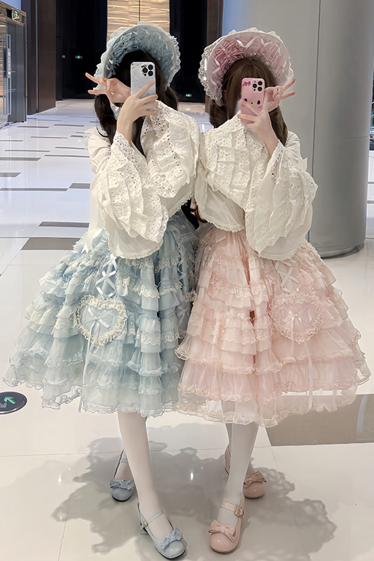 Blue Sweetheart Diary Multi-Layered Ruffle Hanayome Embroidery Bowknot Lace Sweet Lolita Jsk Dress