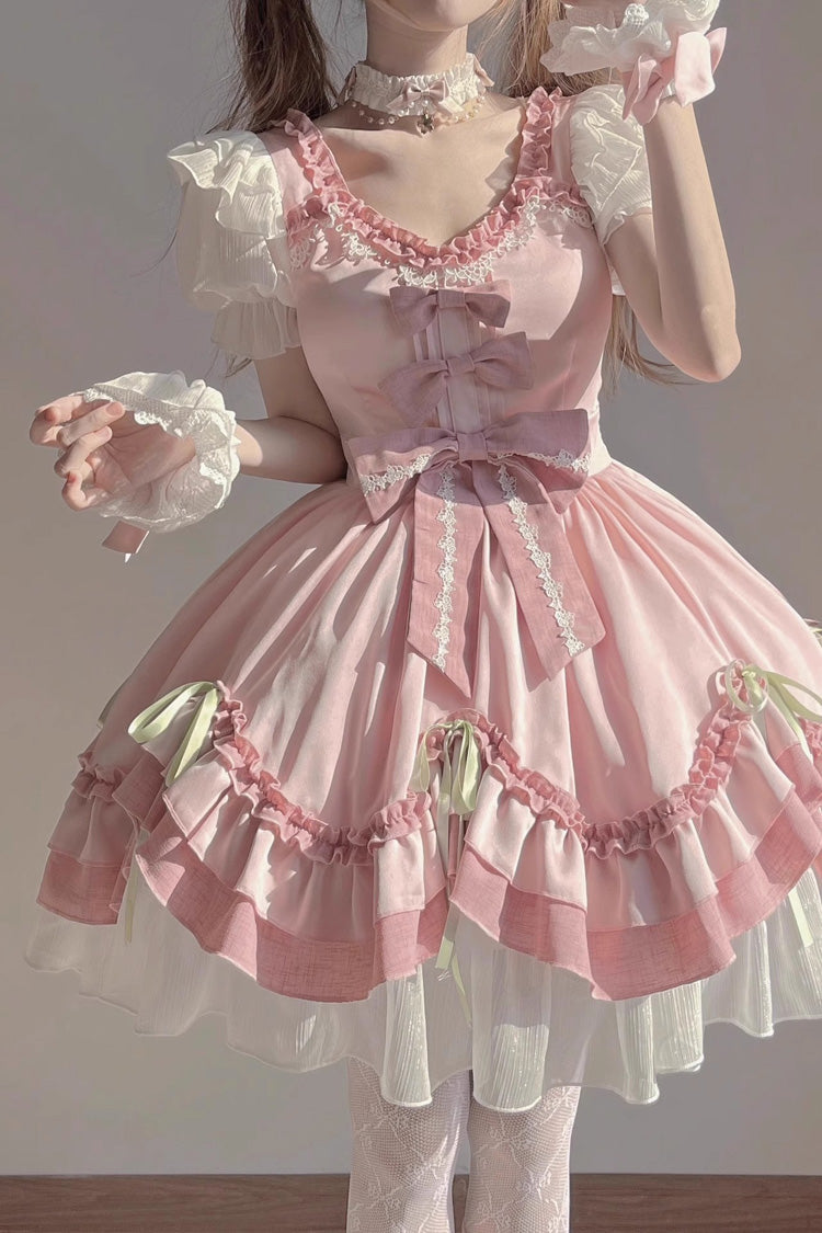 White/Pink Short Sleeves Ruffle Bowknot Princess Sweet Lolita OP Dress