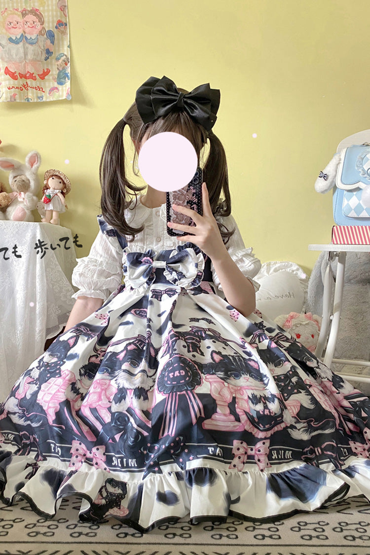 Multi-Color Cow Cat Print Ruffle Bowknot Sweet Lolita Jsk Dress