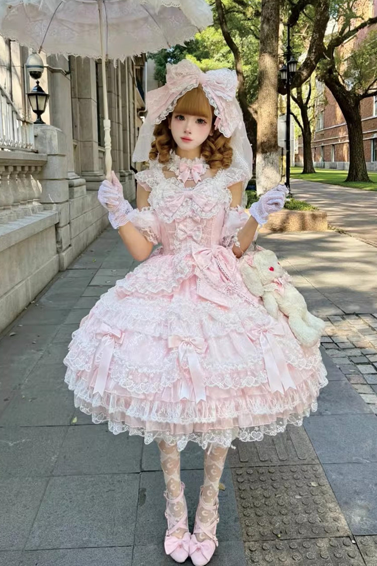 Pink Dream of the Misty Moon Sleeveless Multi-Layered Ruffled Bow Lace Pearl-Decorated Sweet Princess Lolita Jsk Dress