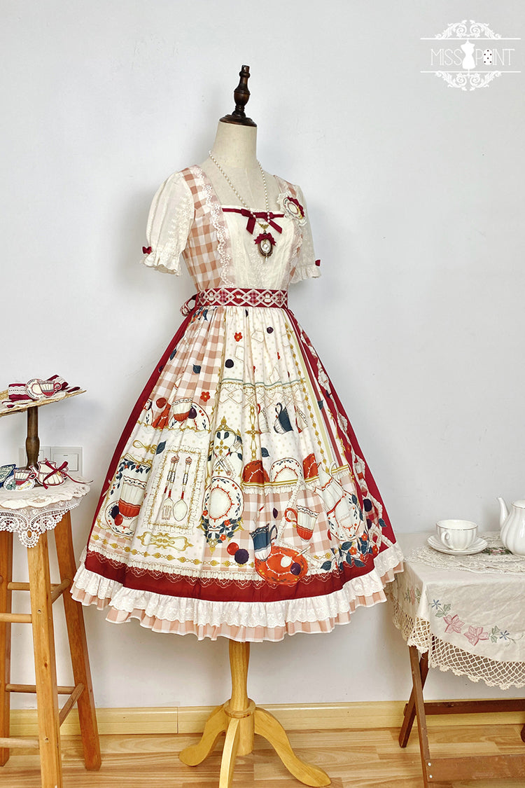 Red Tea Party Short Sleeves Print Ruffle Bowknot Lace Sweet Elegant Lolita Dress