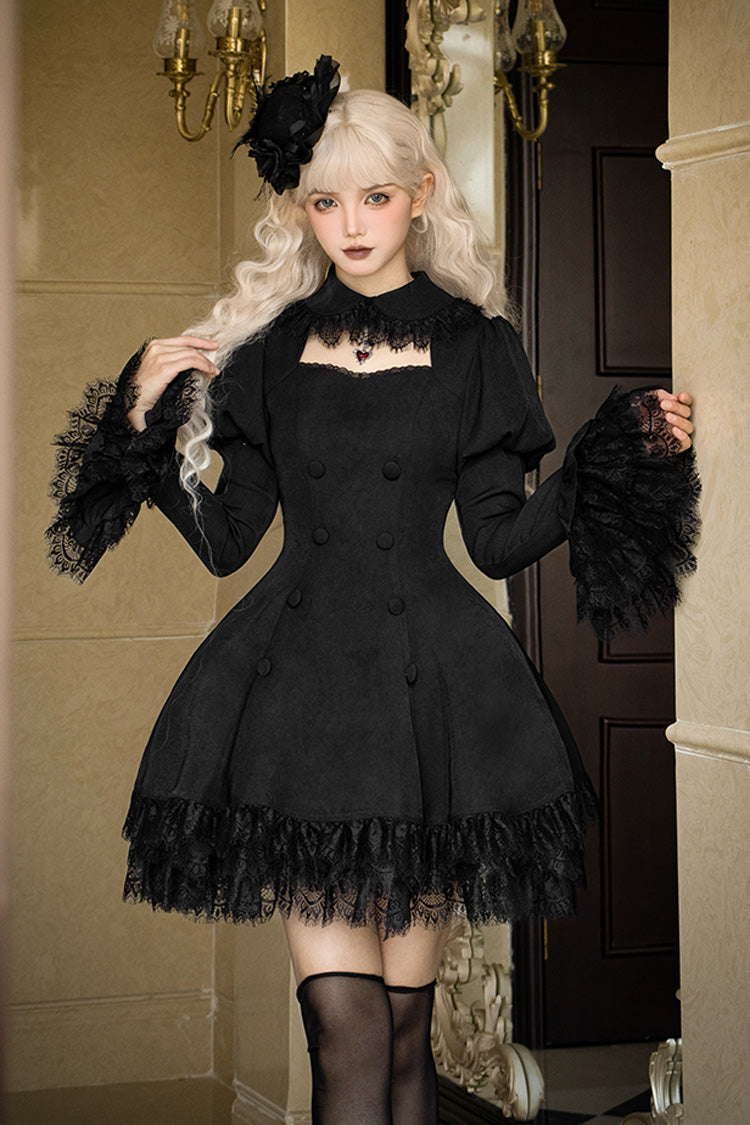 Black Midnight Whisper Double-breasted Short Sleeves Hollow Gothic Lolita Dress