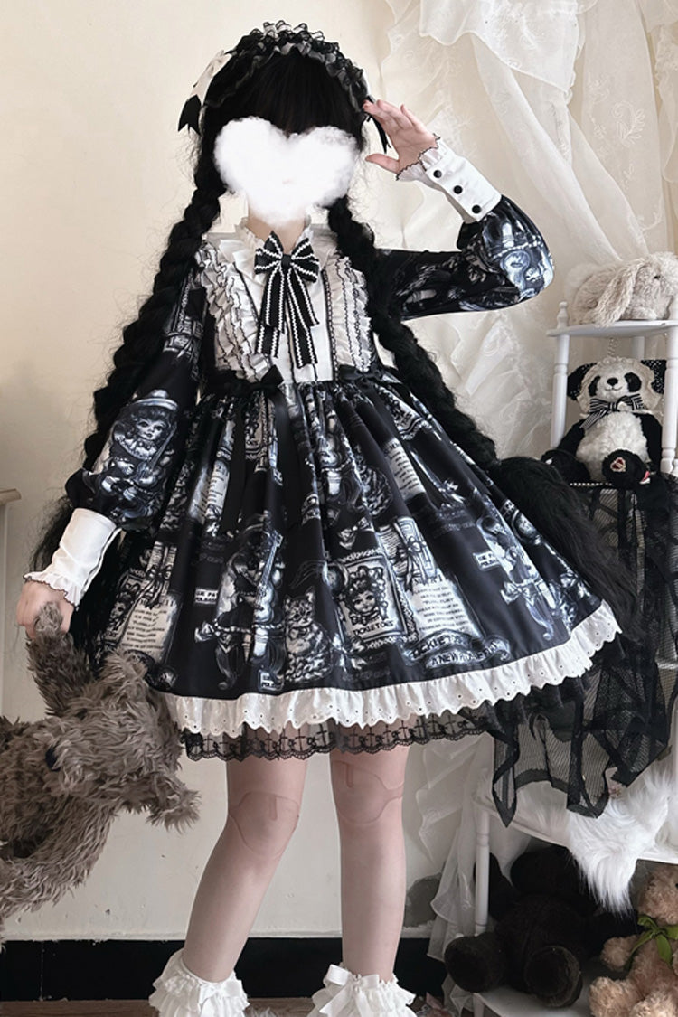 Black Antique Cat Print Long Sleeves Ruffle Bowknot Gothic Princess Lolita Dress