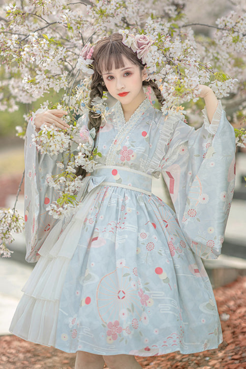 Japanese Trumpet Sleeves Lace Ruffled Cherry Blossom Print Sweet Lolita OP Dress