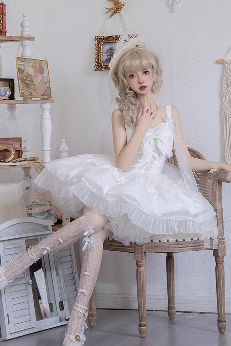 White Bright Moonlight Sleeveless Ruffle Bowknot Lace Lace-Up Sweet Elegant Lolita Jsk Dress