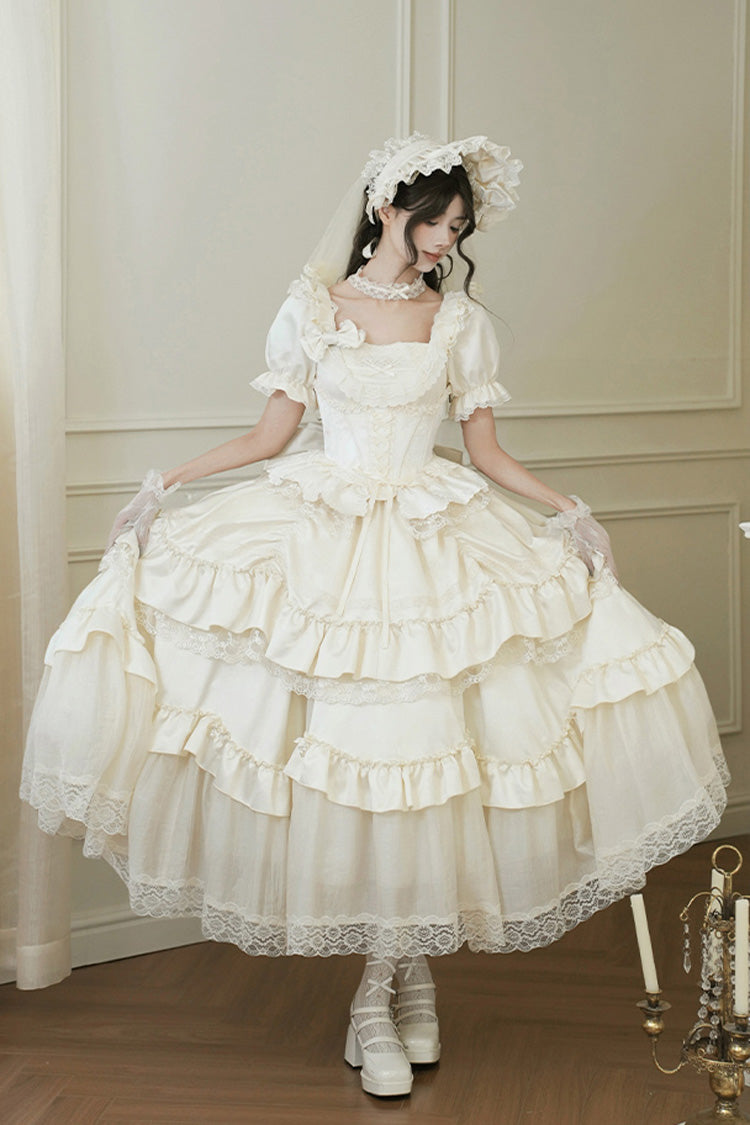 White Letters and Poems Square Collar Short Sleeves Ruffle Hanayome Bowknot Sweet Elegant Gorgeous Lolita Dress