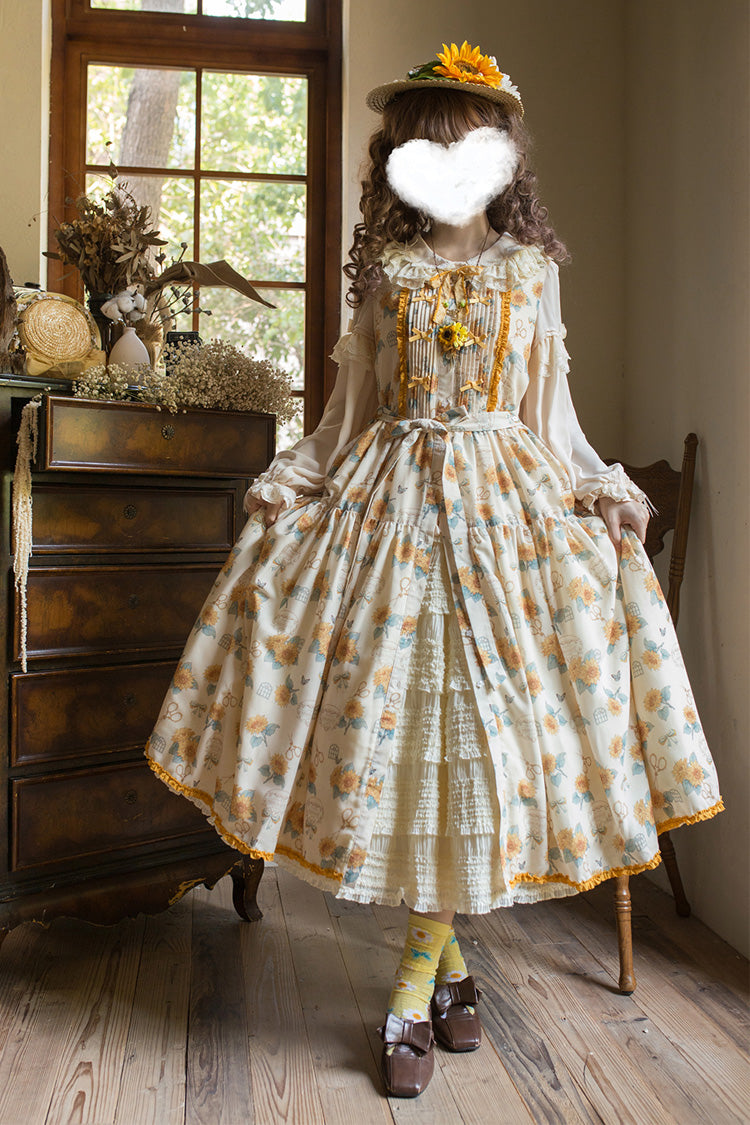 Apricot Gardening Sunflower Sleeveless Print Ruffle Bowknot Sweet Elegant Lolita Jsk Dress